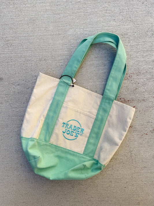 Trader Joe’s mini canvas tote bag, cream/turquoise