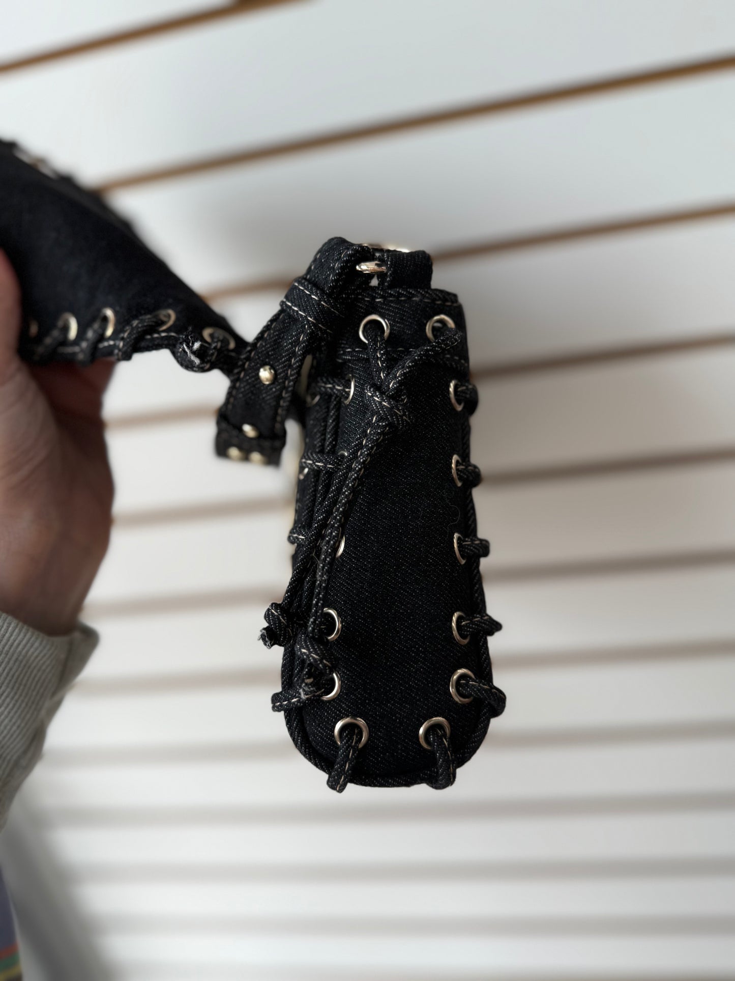 True Religion Denim Leopard Eyelet Trim Flap Bag