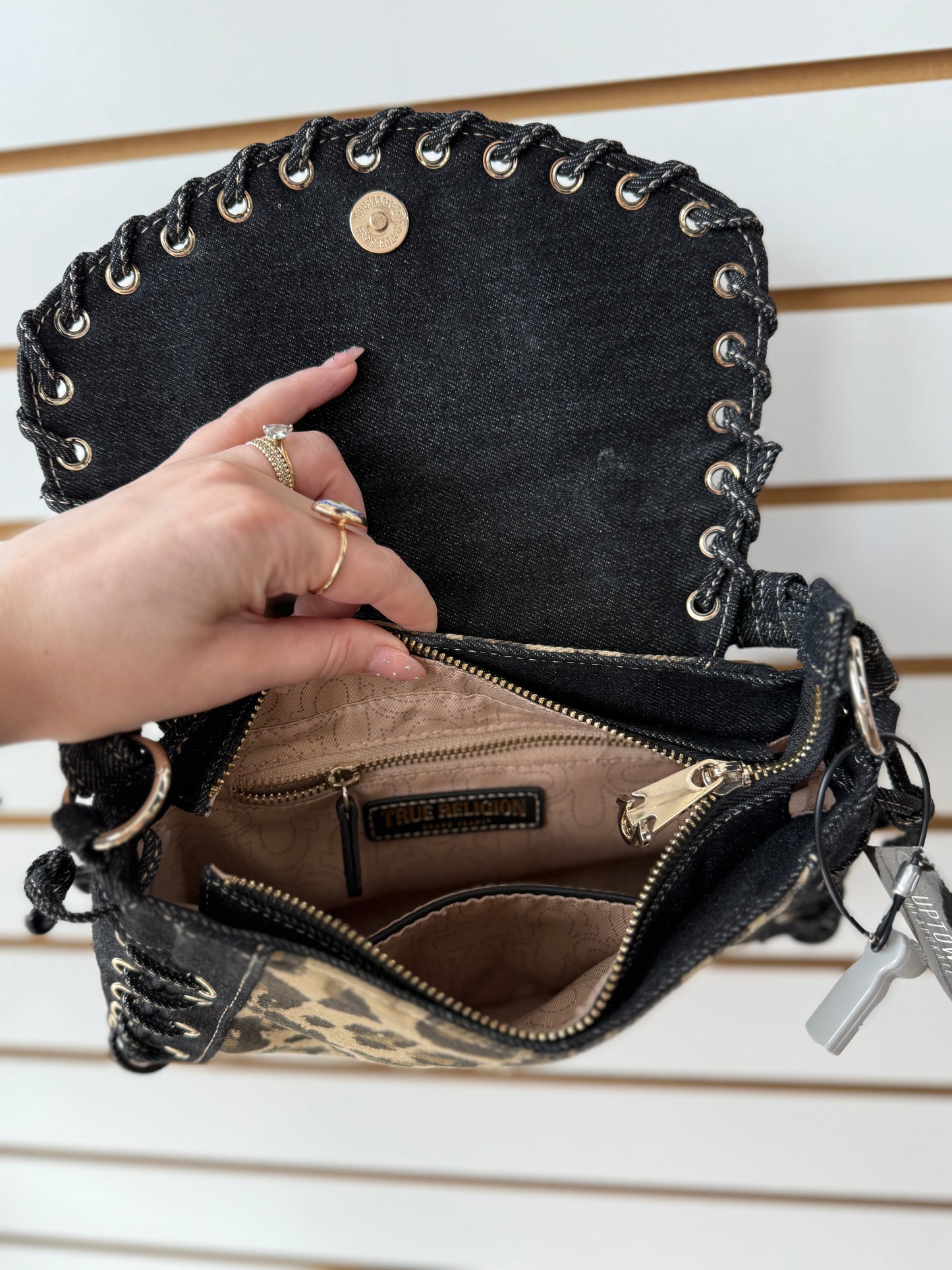 True Religion Denim Leopard Eyelet Trim Flap Bag