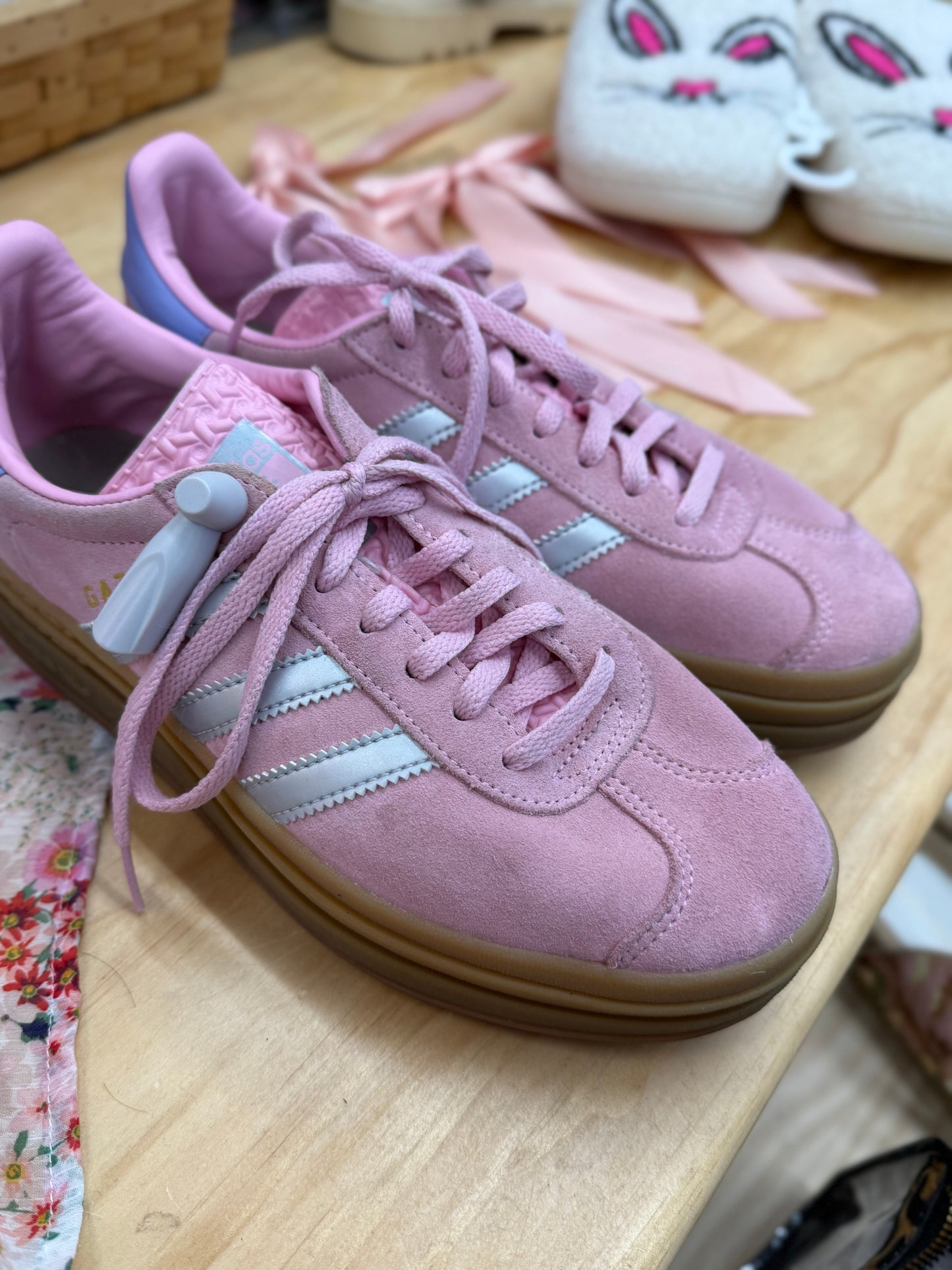 RESERVED Adidas pink silver platform gazelles sz 6 as-is